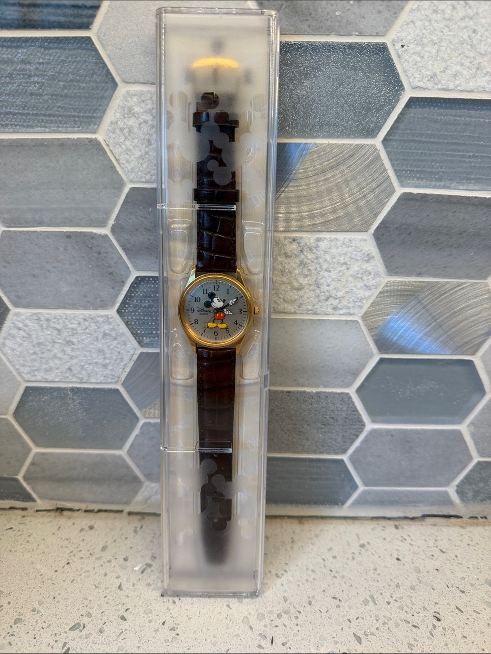 VINTAGE Mickey Mouse Gold-Tone Watch with Brown Leather Strap. In case.